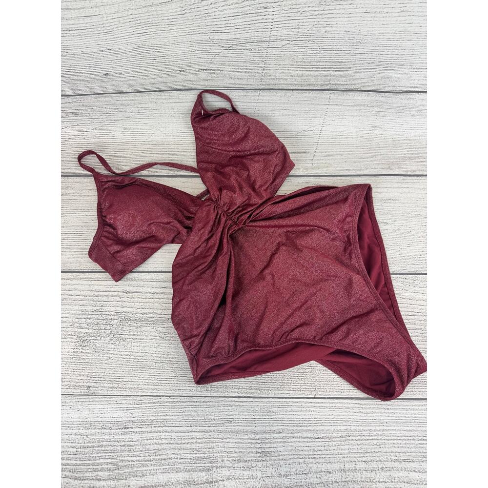 Shade & Shore Women's Maroon Sparkle Cutout One Piece Swimsuit Size Large